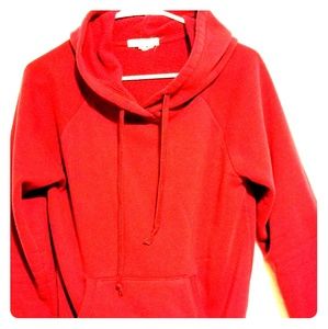 Red pullover sweater with hoodie and front pocket